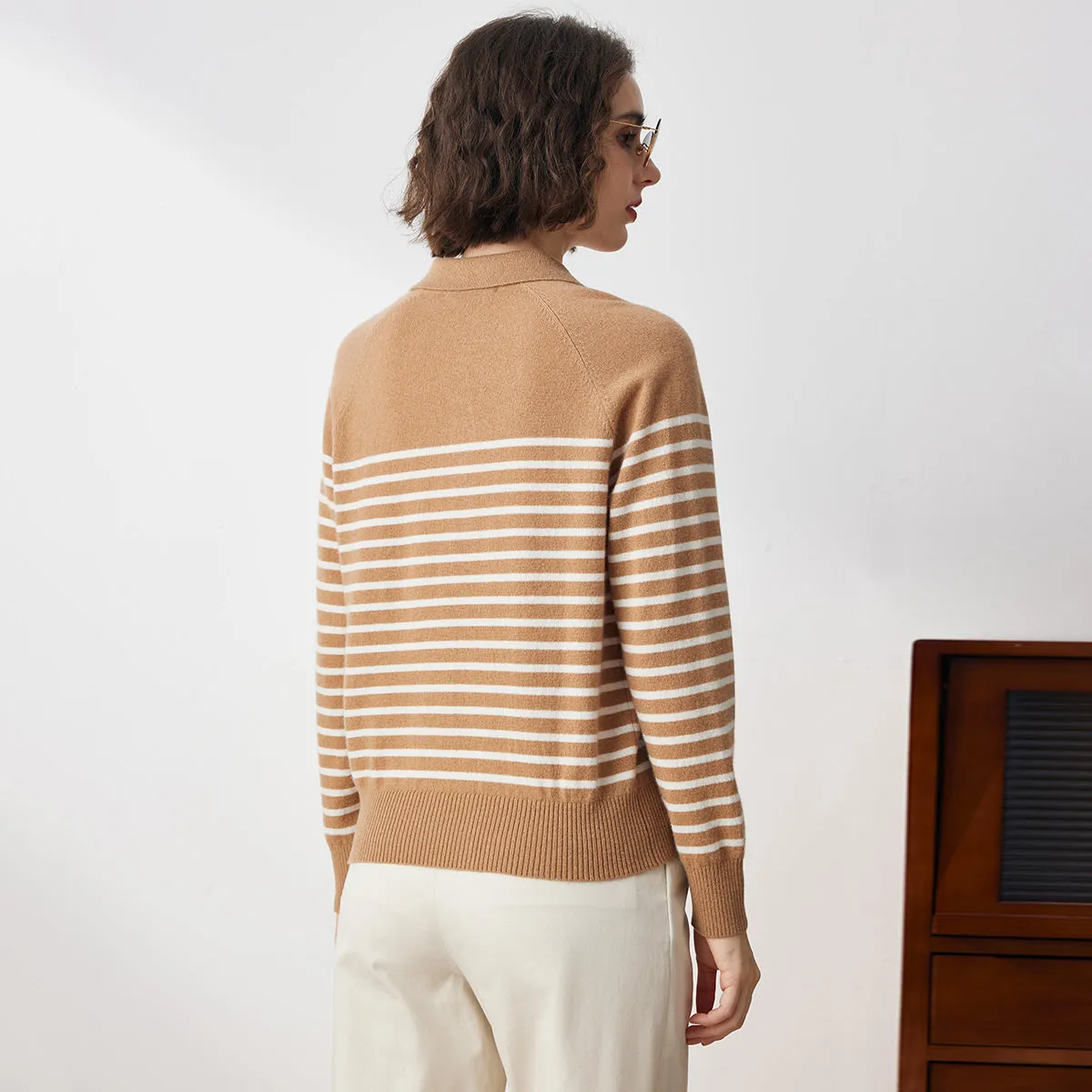 100% Cashmere Cozy Striped Polo Neck Sweater