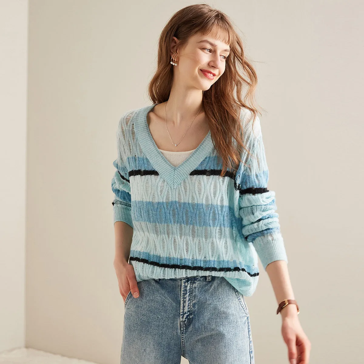 100% Cashmere Vibrant Striped V-Neck Knit Sweater