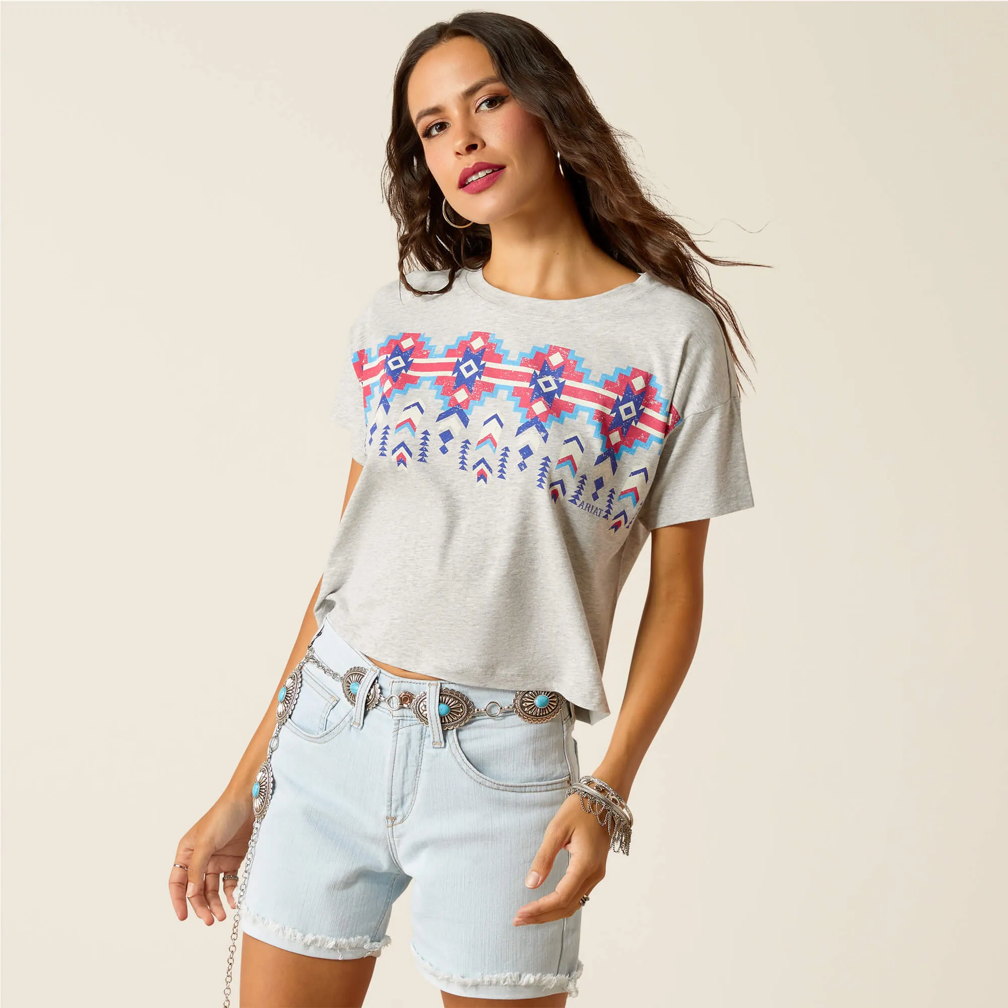 Ariat Heather Grey Aztec Print Crop Tee for Women