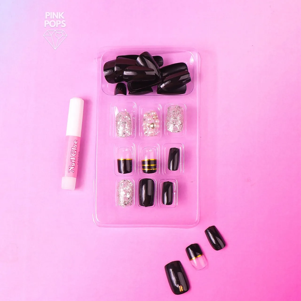 Black Shinny Perl Faux Nails Set