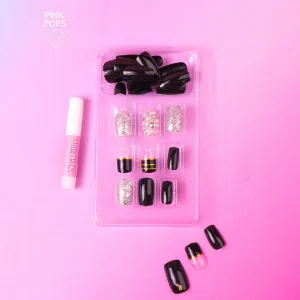 Black Shinny Perl Faux Nails Set