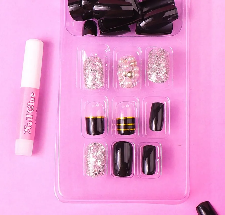 Black Shinny Perl Faux Nails Set