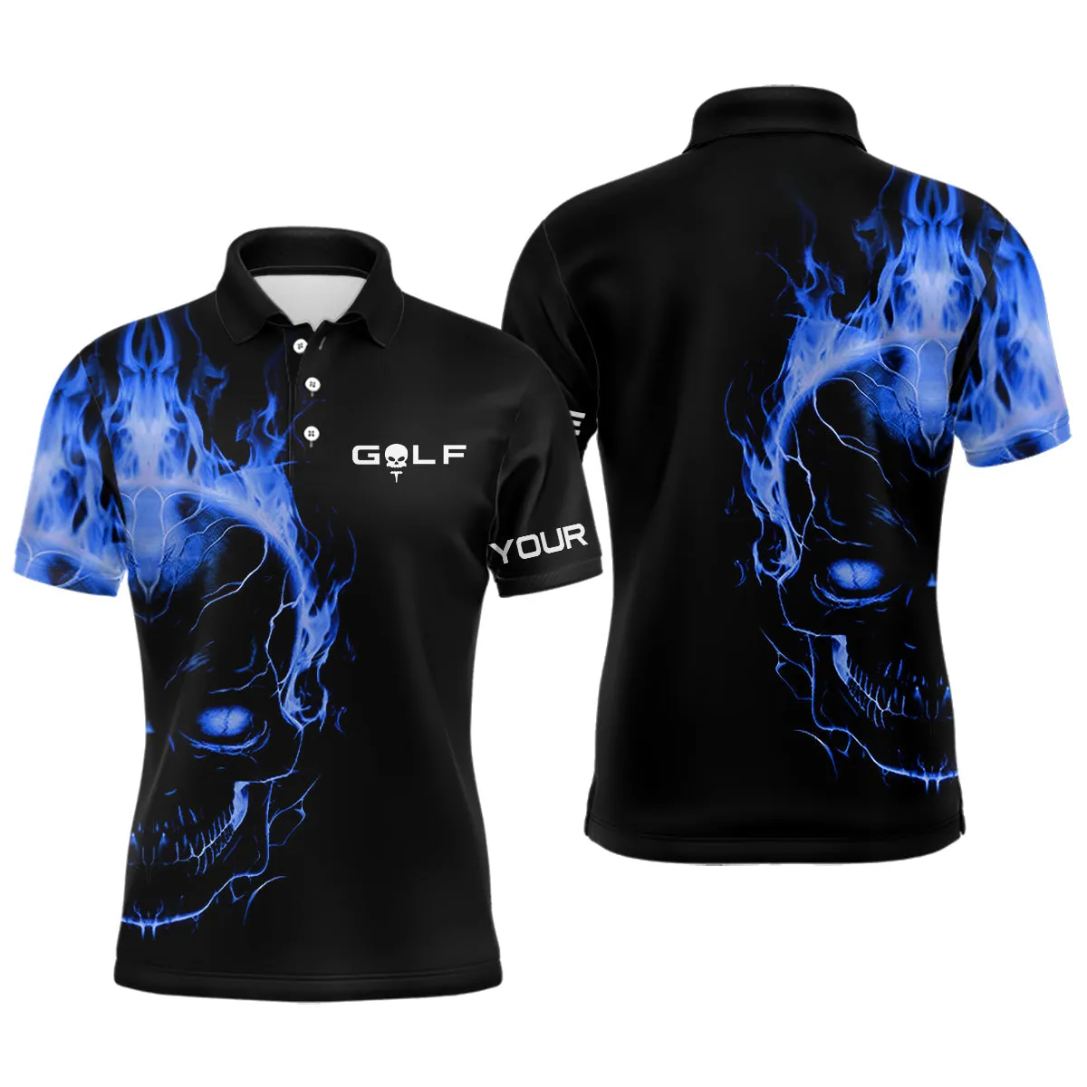 Blue Fire Skull Black Golf Shirts Custom Mens Golf Polo Shirts, Mens Golf Polo Tees