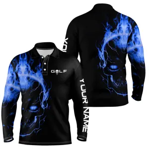 Blue Fire Skull Black Golf Shirts Custom Mens Golf Polo Shirts, Mens Golf Polo Tees