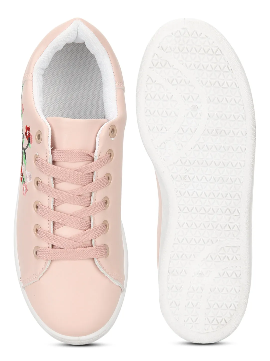 Blush PU Embroidered Lace-up Sneakers