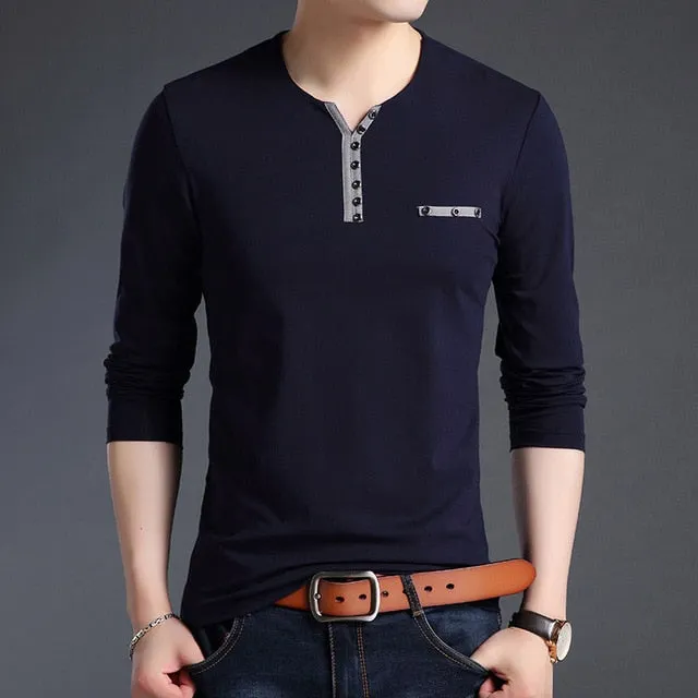 Buttoned Collar V Neck Street Wear Long Sleeve Shirt