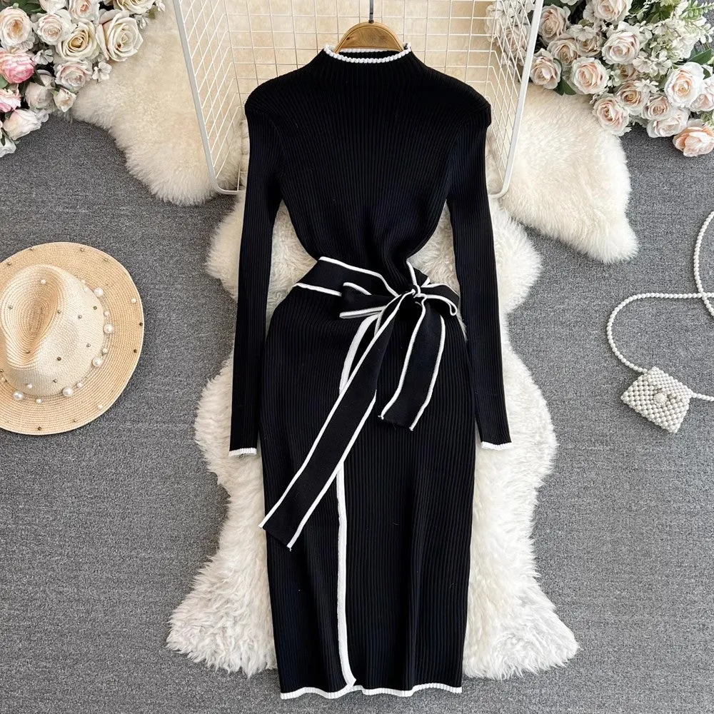 chic long-sleeved mid-length knitted dress     S4212