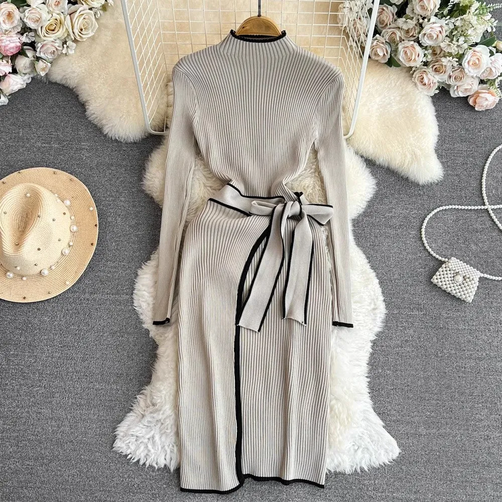 chic long-sleeved mid-length knitted dress     S4212