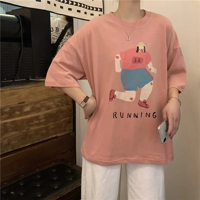 Cute Plus Loose Fit Pure Cotton Cartoon Short Sleeve Tee