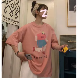 Cute Plus Loose Fit Pure Cotton Cartoon Short Sleeve Tee