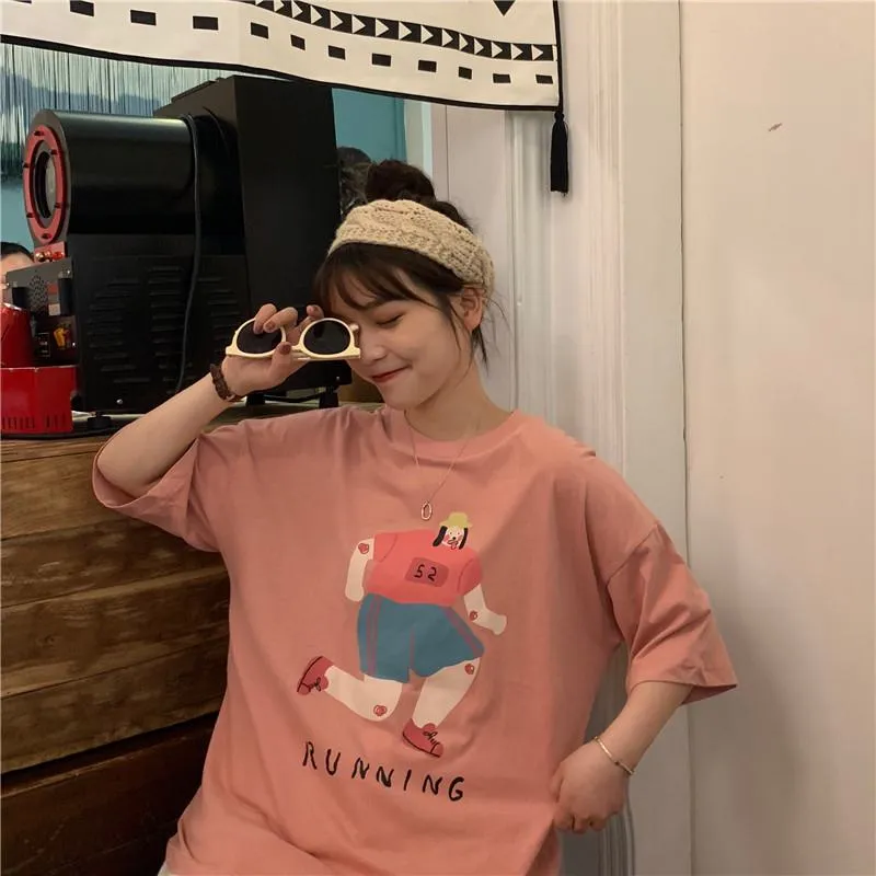 Cute Plus Loose Fit Pure Cotton Cartoon Short Sleeve Tee