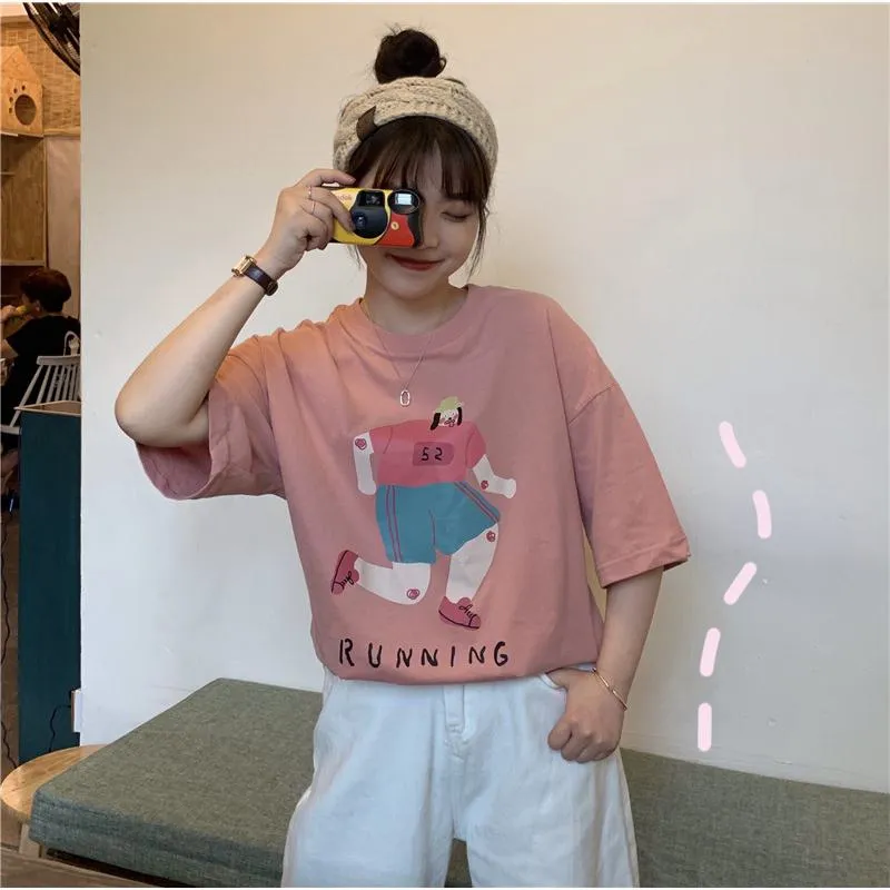 Cute Plus Loose Fit Pure Cotton Cartoon Short Sleeve Tee