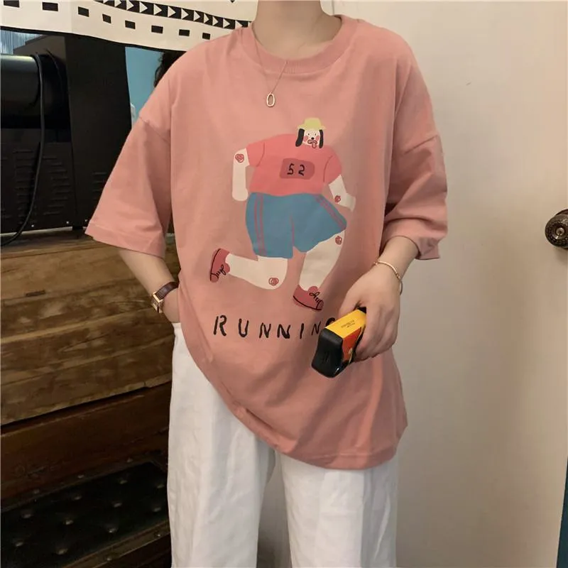 Cute Plus Loose Fit Pure Cotton Cartoon Short Sleeve Tee