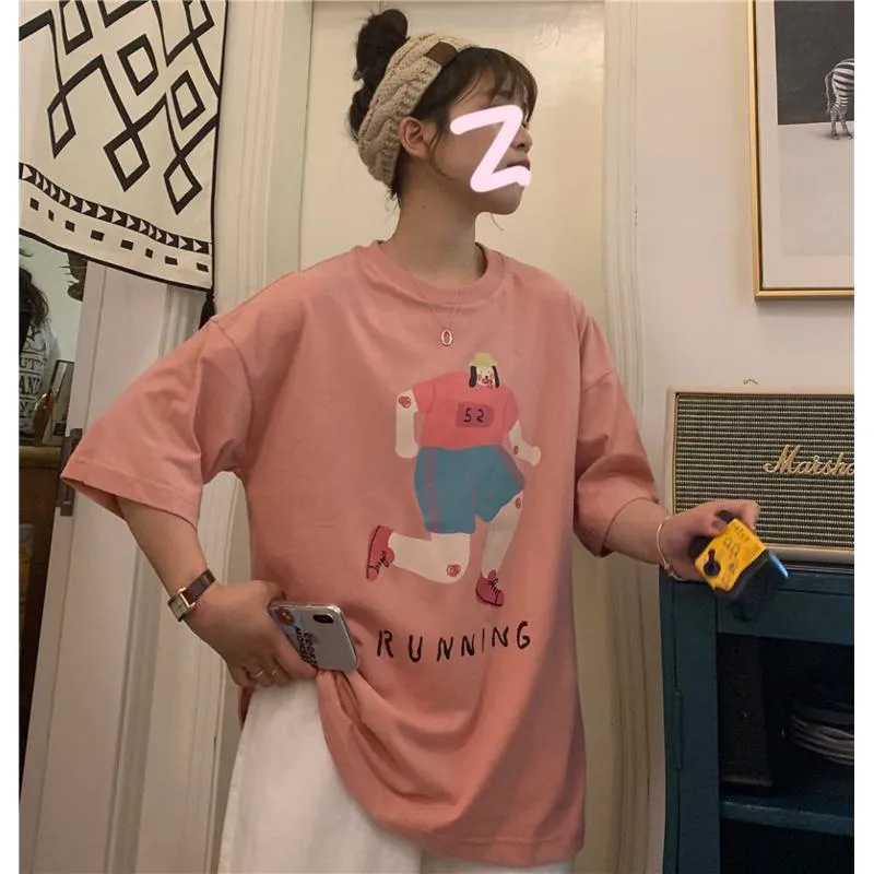 Cute Plus Loose Fit Pure Cotton Cartoon Short Sleeve Tee