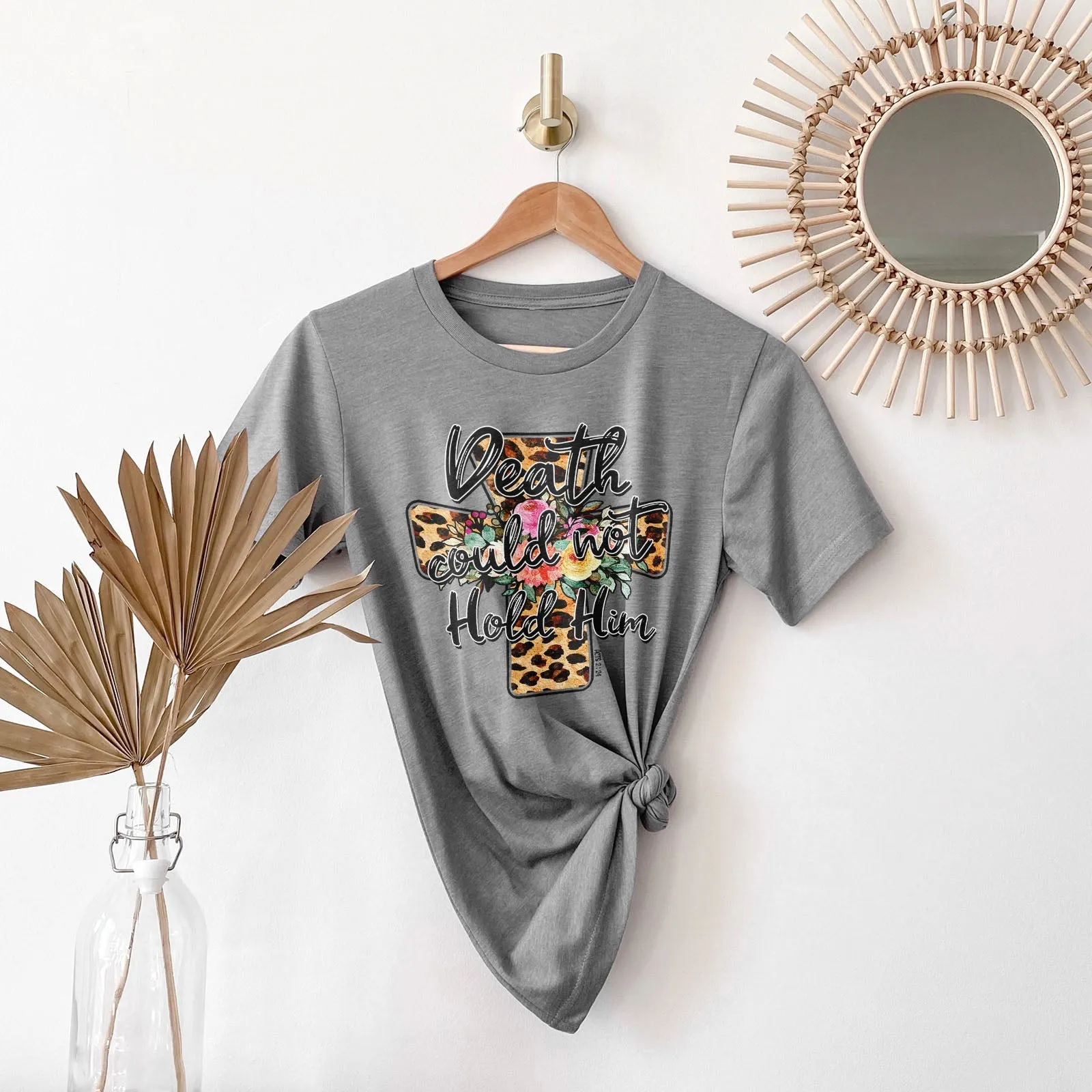 Death Could Not Hold Him Leopard Cross Floral Tee Shirts For Women - Christian Easter T Shirts