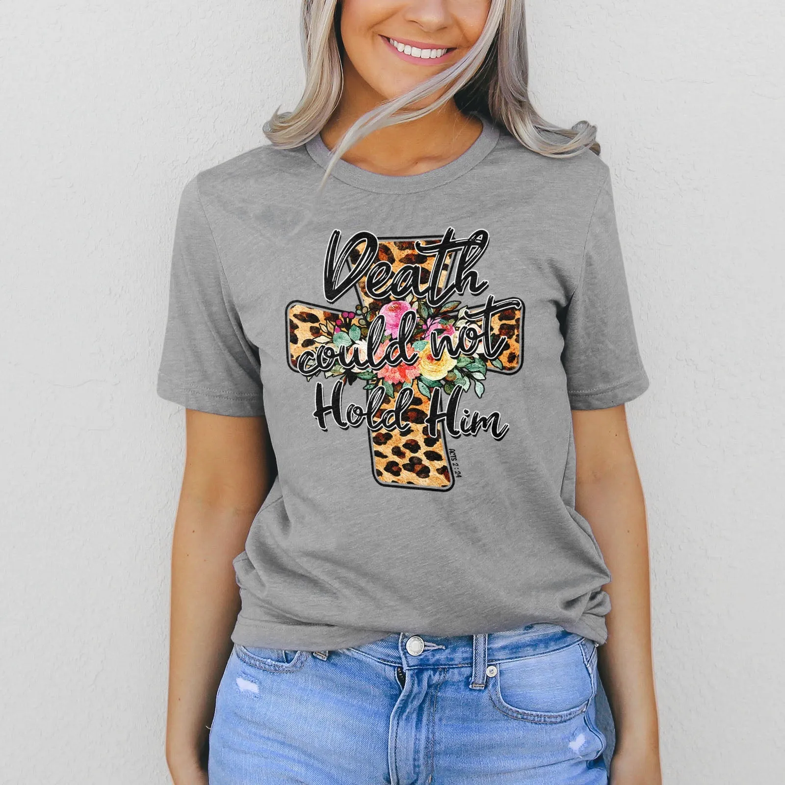 Death Could Not Hold Him Leopard Cross Floral Tee Shirts For Women - Christian Easter T Shirts