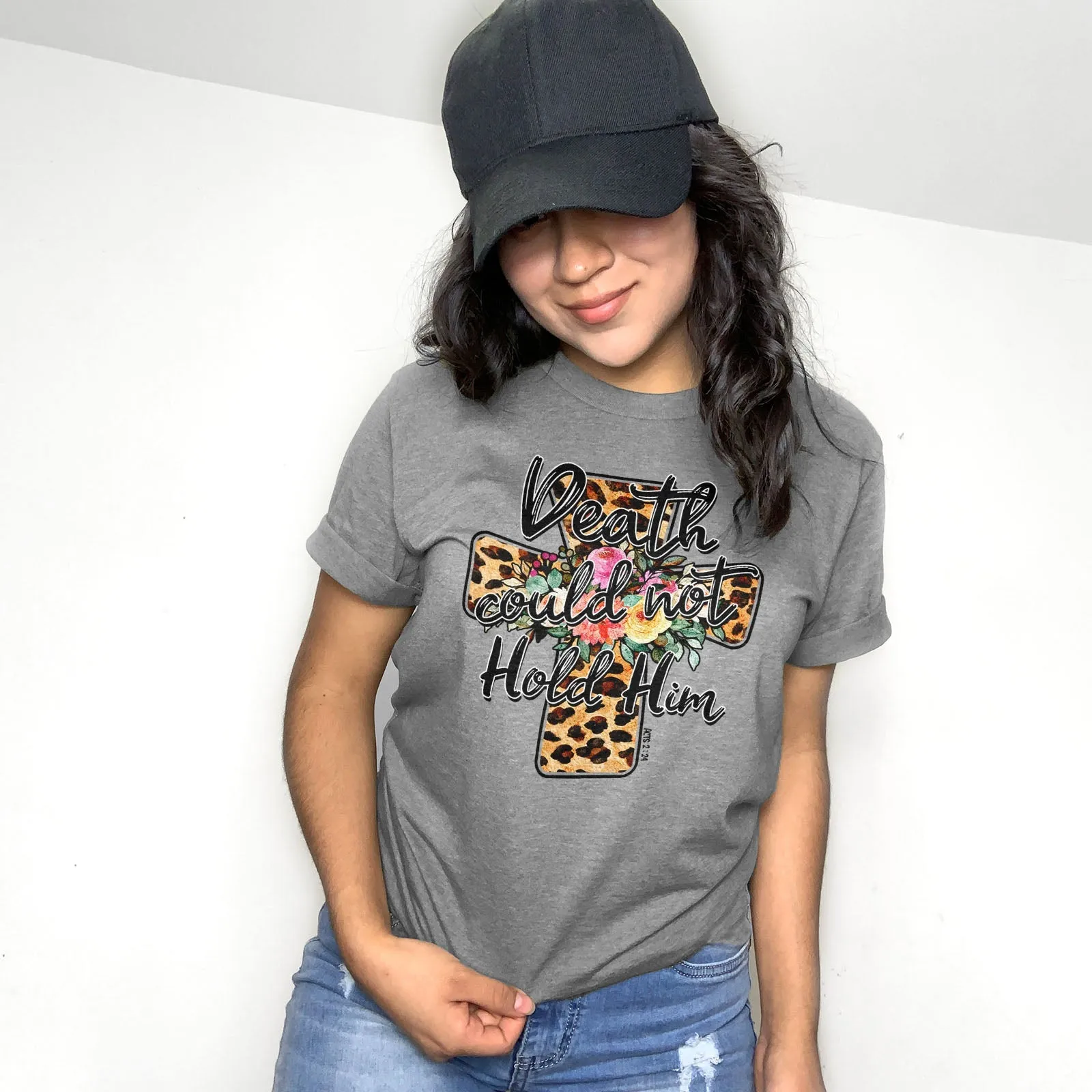 Death Could Not Hold Him Leopard Cross Floral Tee Shirts For Women - Christian Easter T Shirts