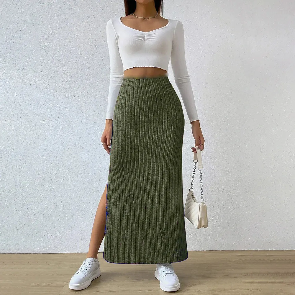 Elegant Ribbed Long Slim Fit Elastic Side Slit Skirt