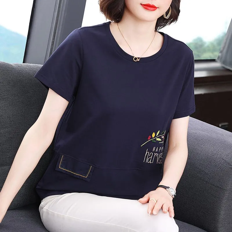 Embroidery Round Neck Slimming Loose Fit Short Sleeve Tee