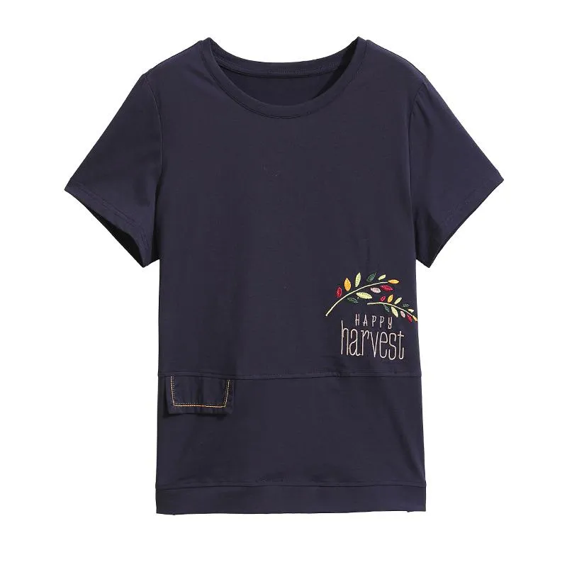 Embroidery Round Neck Slimming Loose Fit Short Sleeve Tee