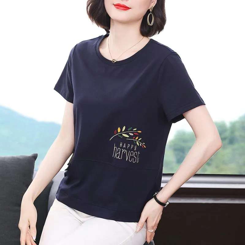 Embroidery Round Neck Slimming Loose Fit Short Sleeve Tee