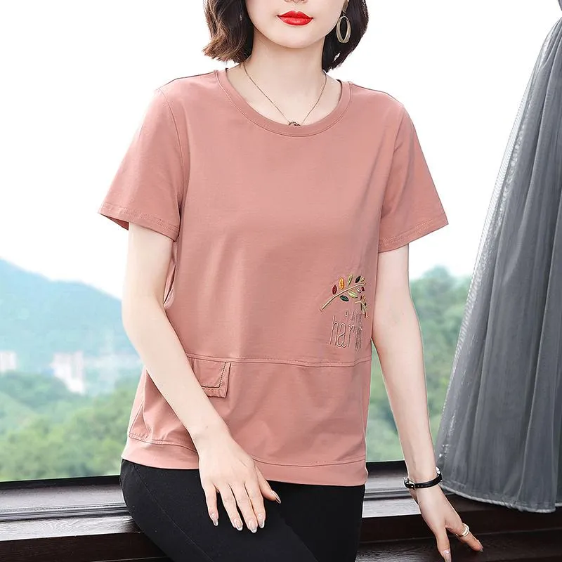 Embroidery Round Neck Slimming Loose Fit Short Sleeve Tee