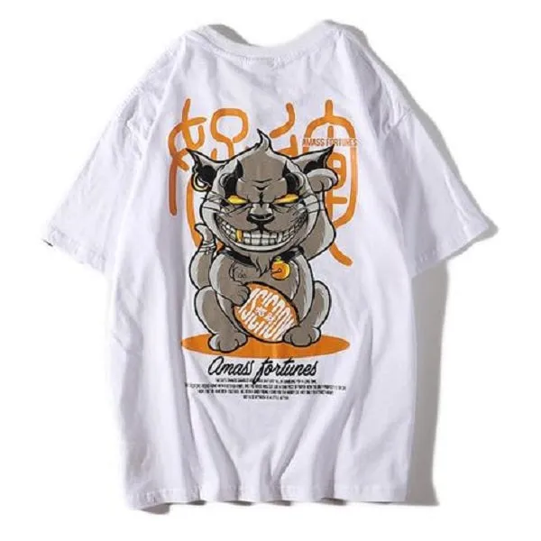 Evil Cat Waving Printed Hip Hop Streetwear Loose Tees