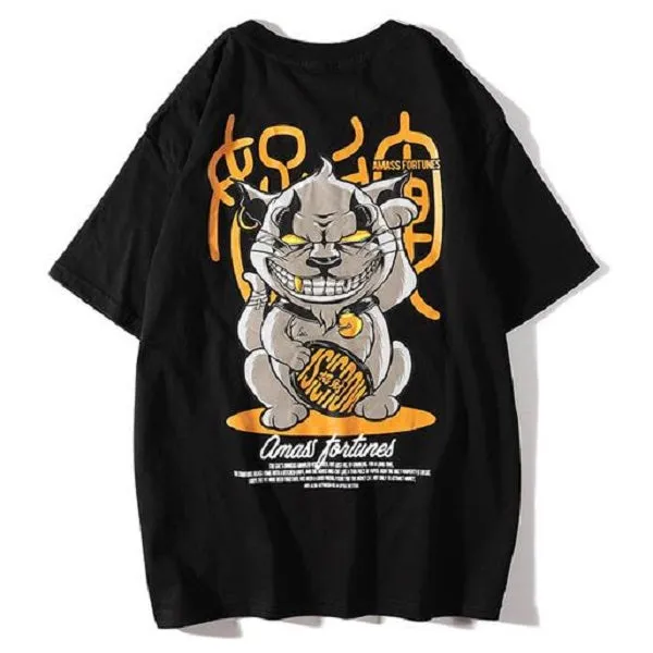 Evil Cat Waving Printed Hip Hop Streetwear Loose Tees