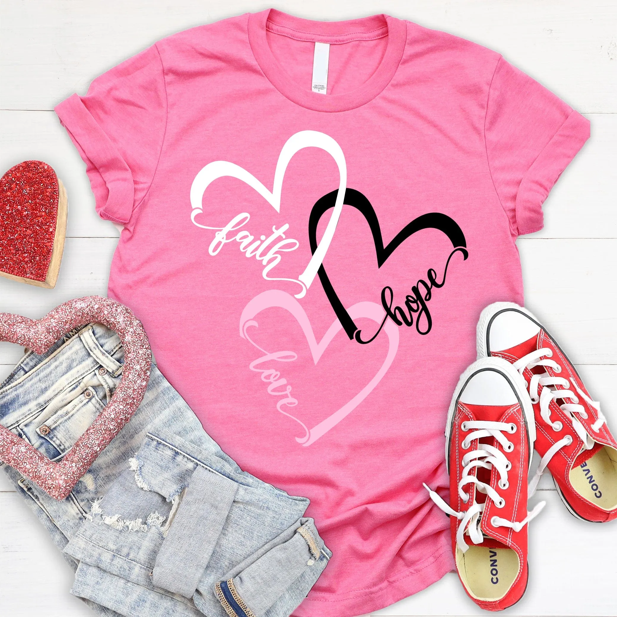 Faith Hope Love Hearts T Shirts For Women - Women's Christian T Shirts - Women's Religious Shirts