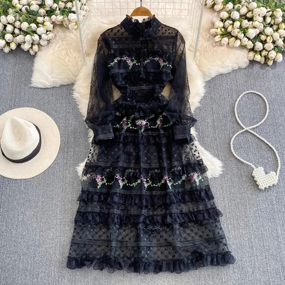 Fashionable long-sleeved A-line lace dress elegant long dress     S4403