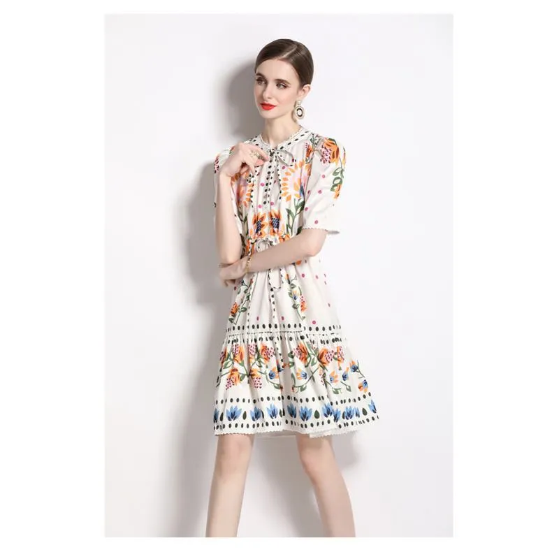 Fiber Water-Soluble Drawstring Polka Dot Colorful Print Dress