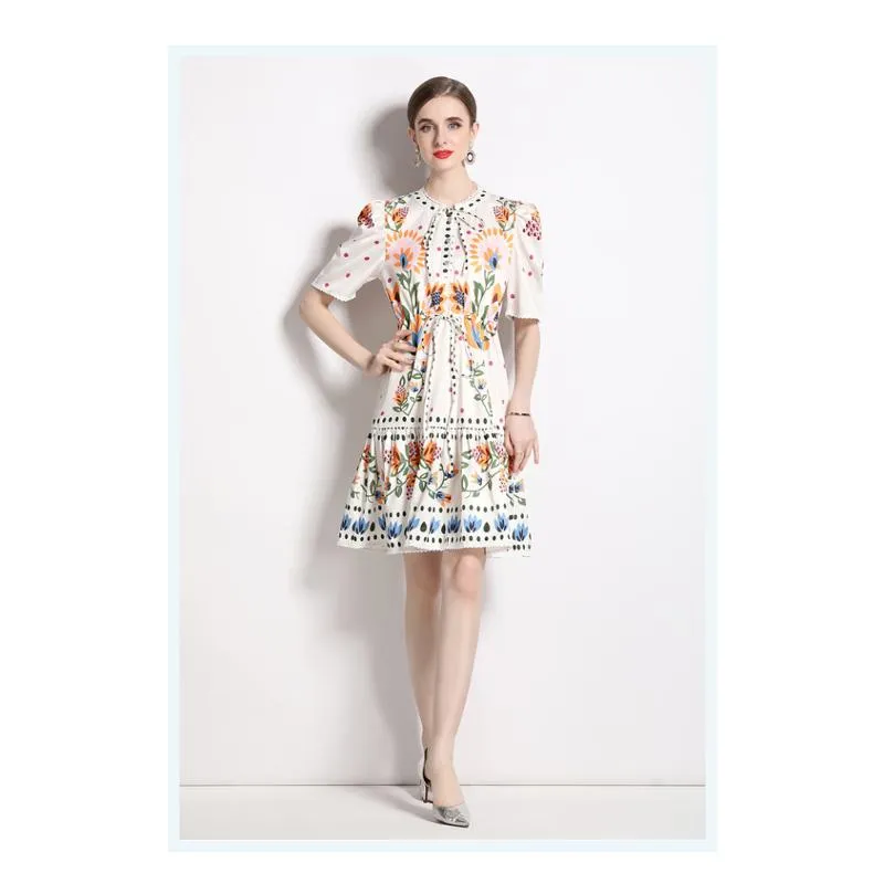 Fiber Water-Soluble Drawstring Polka Dot Colorful Print Dress