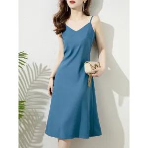 French Style Versatile Cami Slim-Fit Satin Finish Solid Color Chic Dress