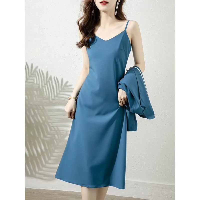 French Style Versatile Cami Slim-Fit Satin Finish Solid Color Chic Dress