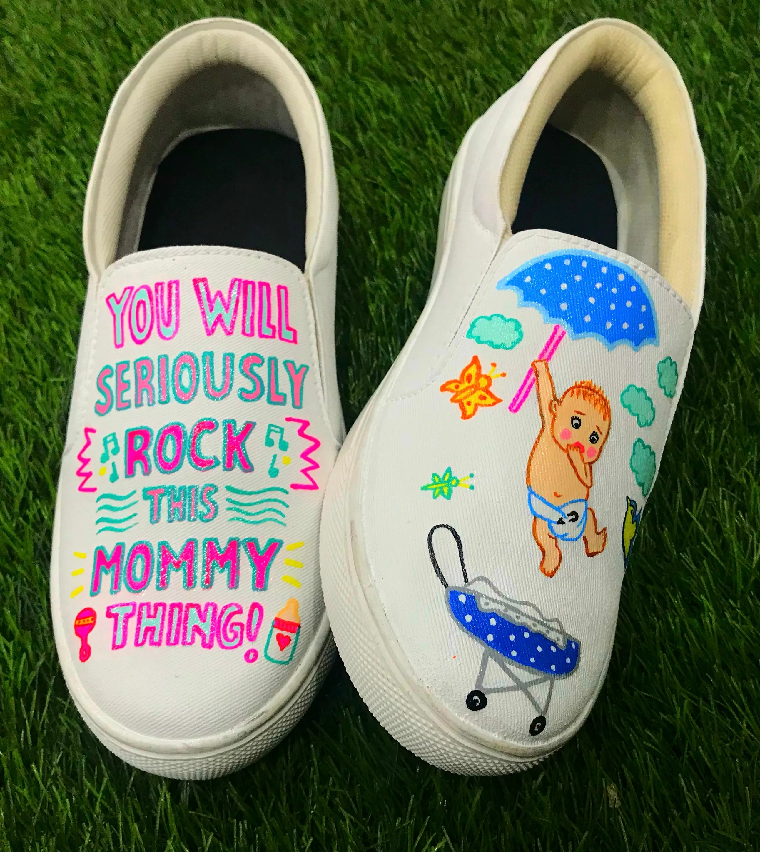 Funky N Trendy hand painted water resistant Mom to be theme white shoes/ mom to be shoes / pregnancy shoes / white shoes