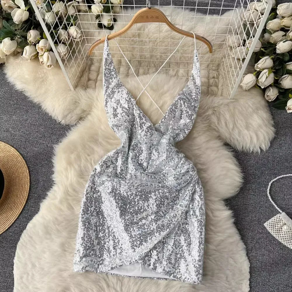 Glittery V-neck Suspender Dress Fashionable Lady Dress     S4668