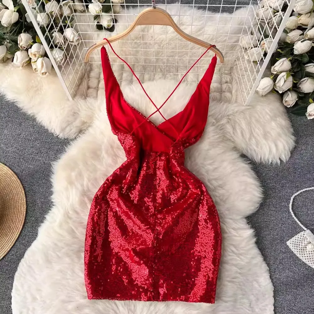 Glittery V-neck Suspender Dress Fashionable Lady Dress     S4668