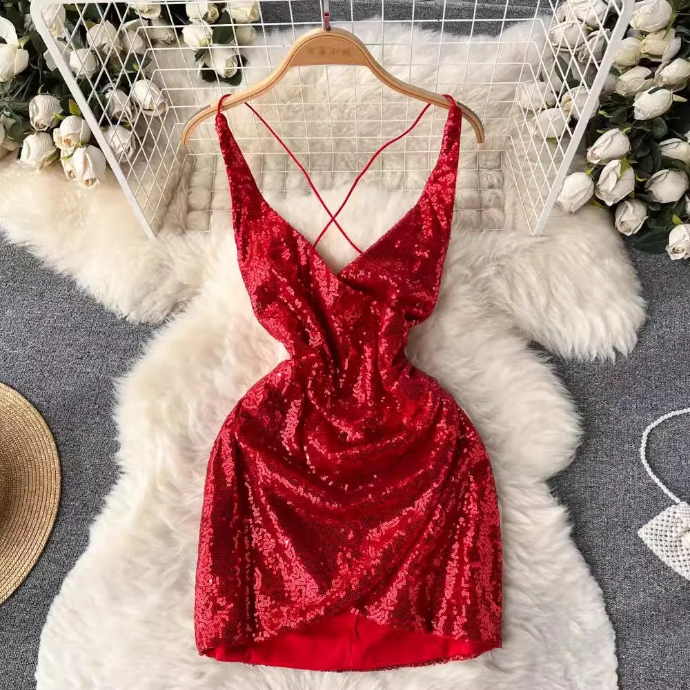 Glittery V-neck Suspender Dress Fashionable Lady Dress     S4668