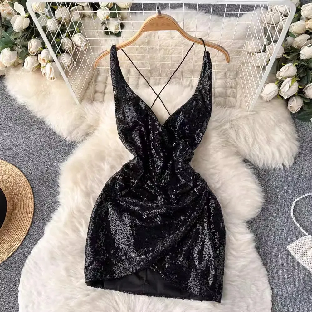 Glittery V-neck Suspender Dress Fashionable Lady Dress     S4668