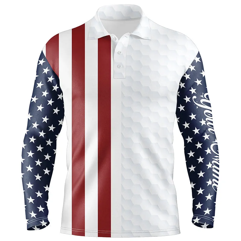 Golf Long Sleeve Polo Shirts American Flag Patriotic Custom White Golf Ball Pattern Golf Polos