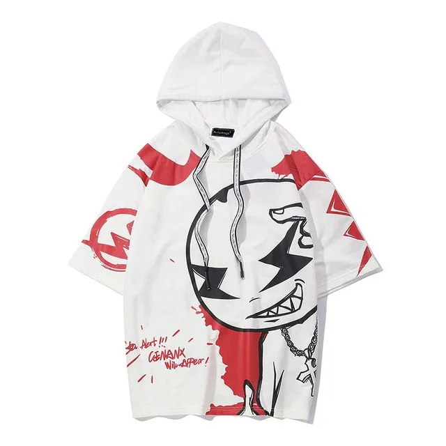 Graffiti Smirk Printed Hip Hop Streetwear Loose Hooded Tees