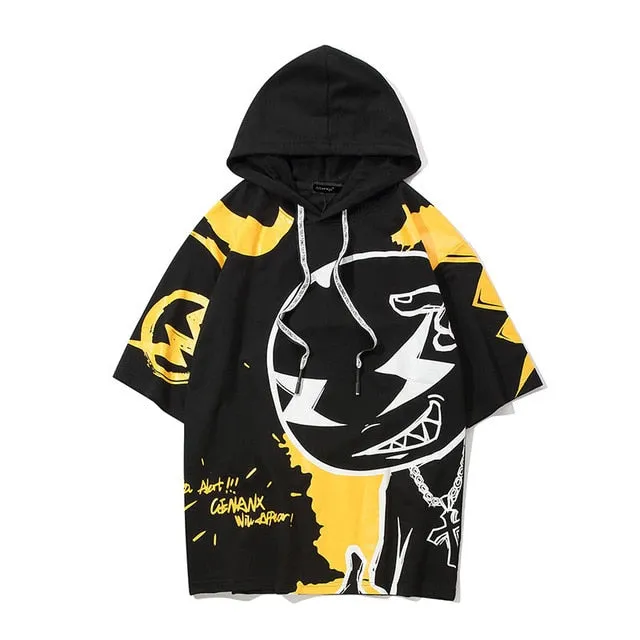 Graffiti Smirk Printed Hip Hop Streetwear Loose Hooded Tees