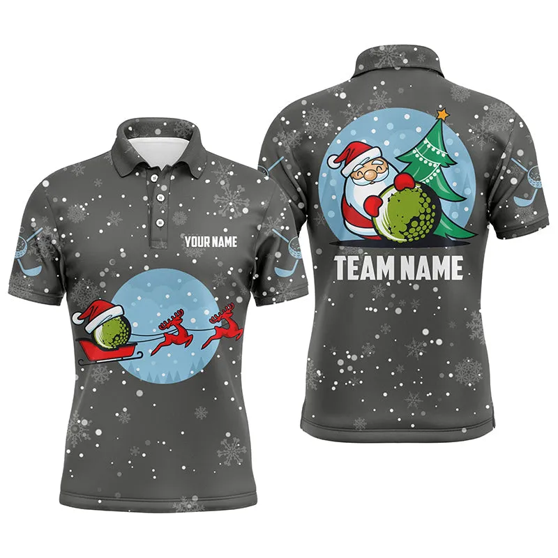 Grey Christmas Mens Golf Polo Shirts With Reindeer & Santa Custom Golf Tops For Men Golfing Gifts