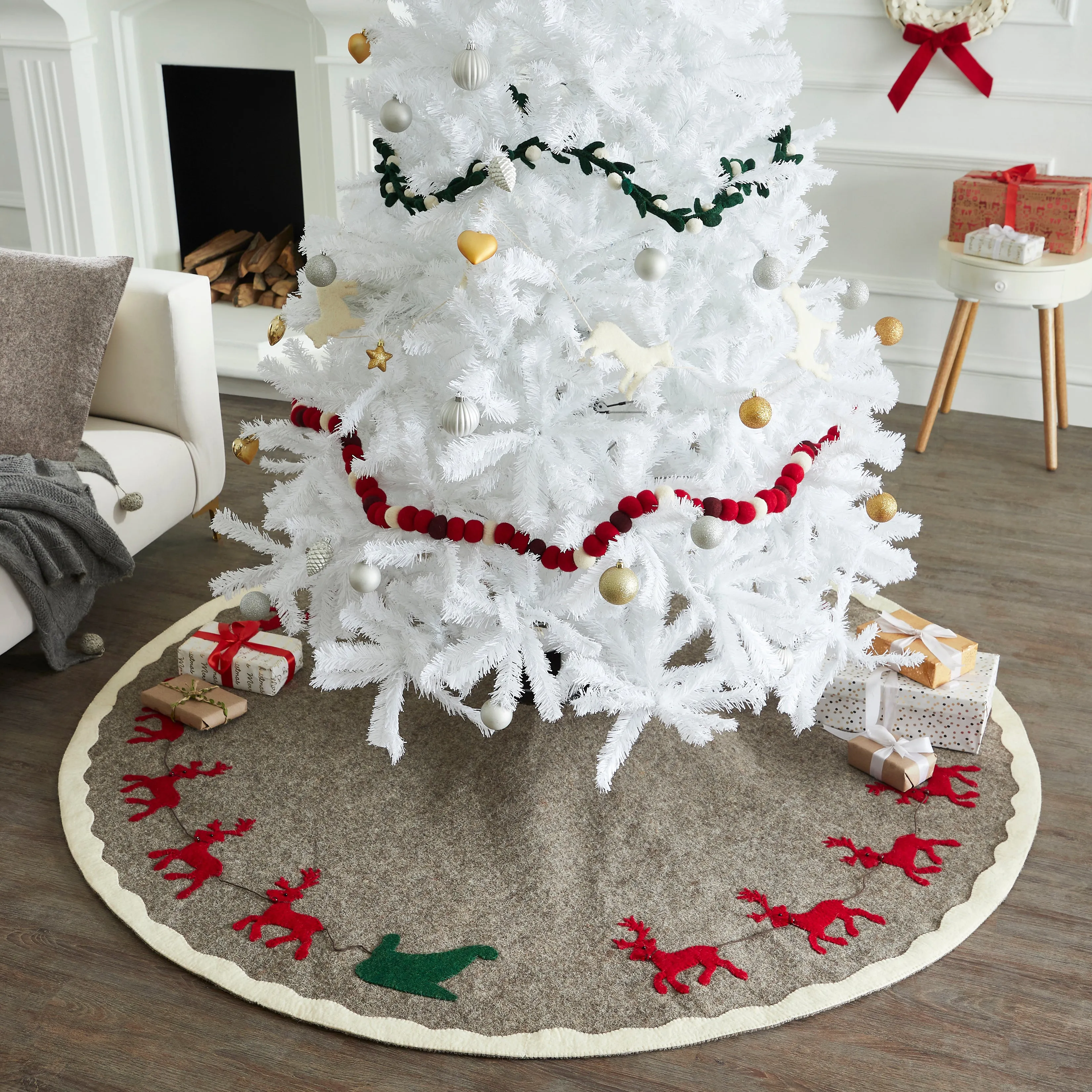 Hand Felted Wool Reindeer & Sleigh Tree Skirt - Christmas Eve Scene