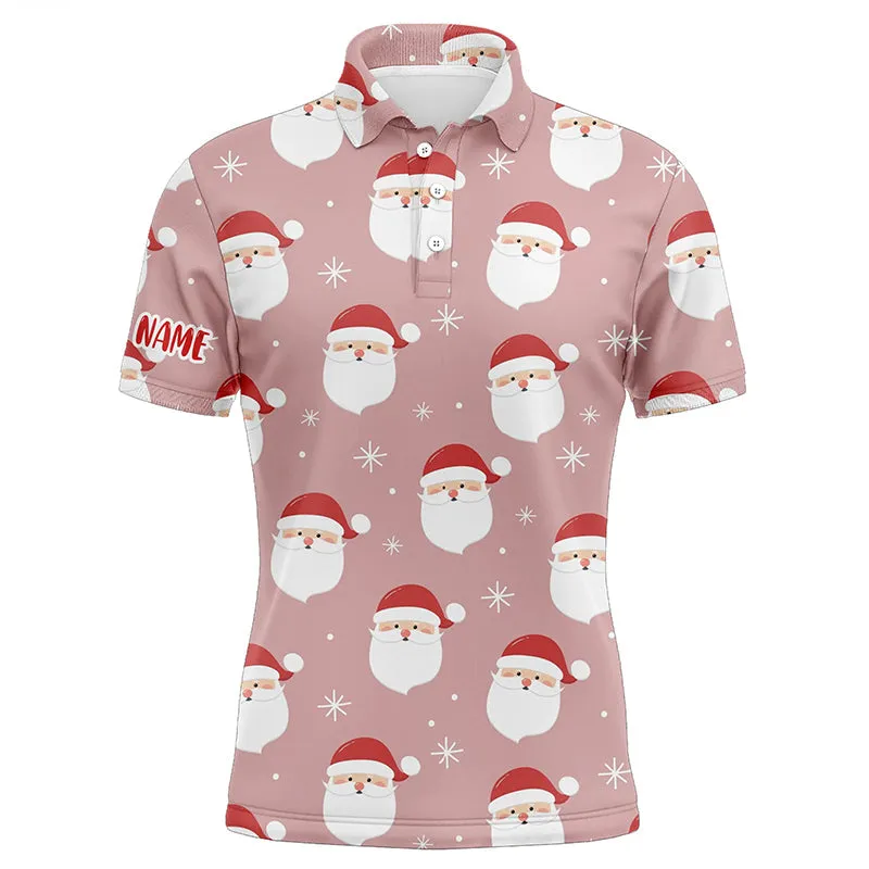 Happy Santa Christmas Pink Mens Golf Polo Shirts Customized Funny Golf Outfit For Mens