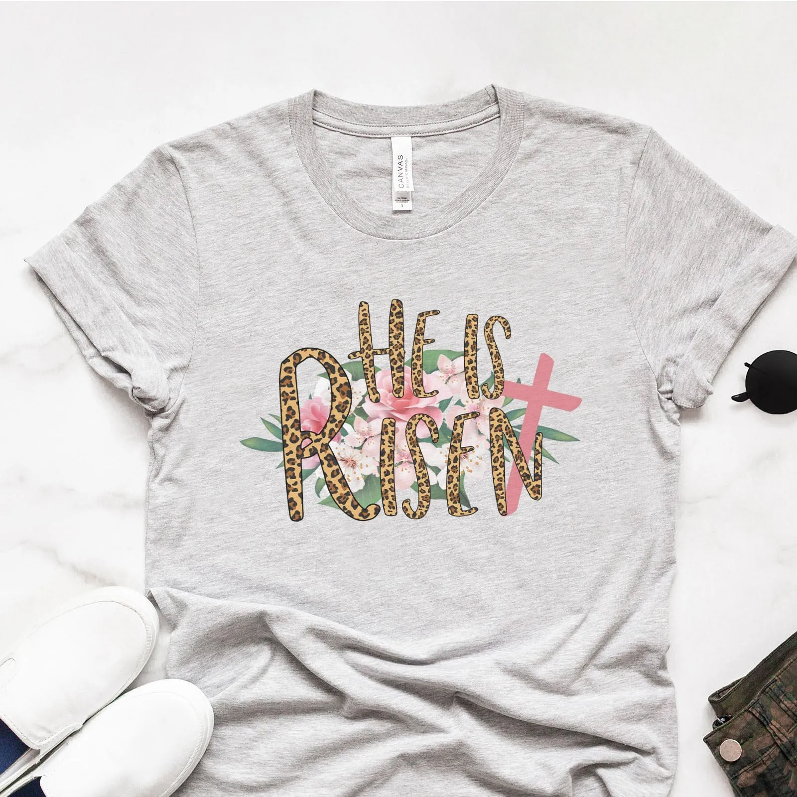 He Is Risen Leopard Pink Roses Tee Shirts For Women - Christian Easter T Shirts