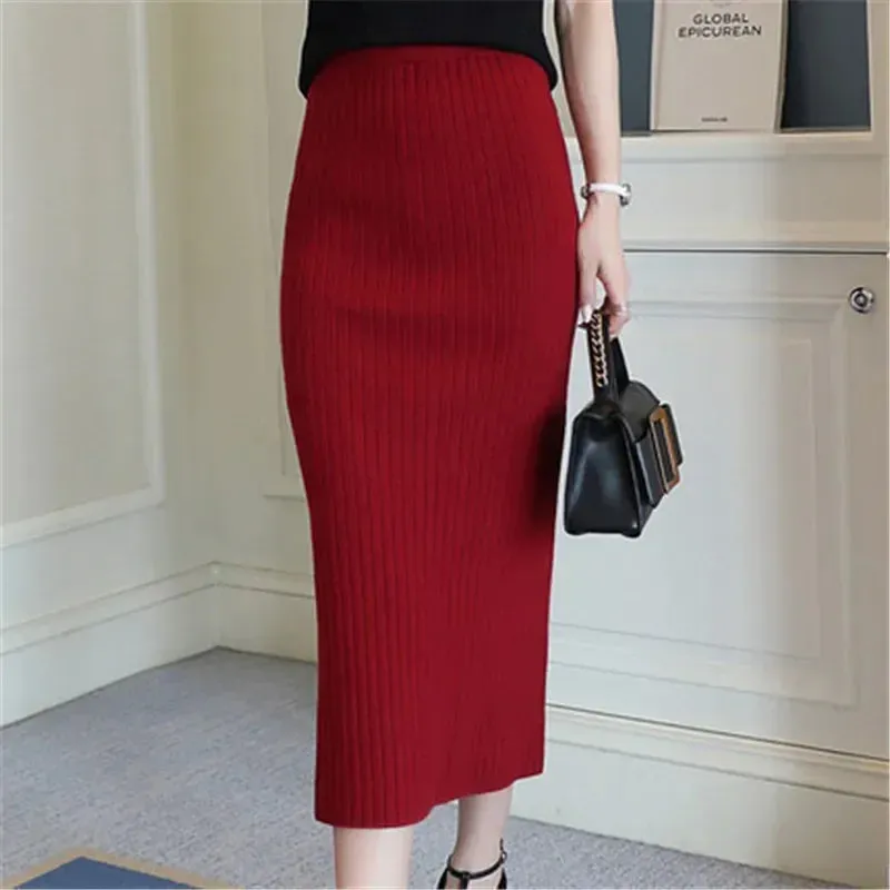 High Quality Woolen Slim Belt Office Midi Skirt