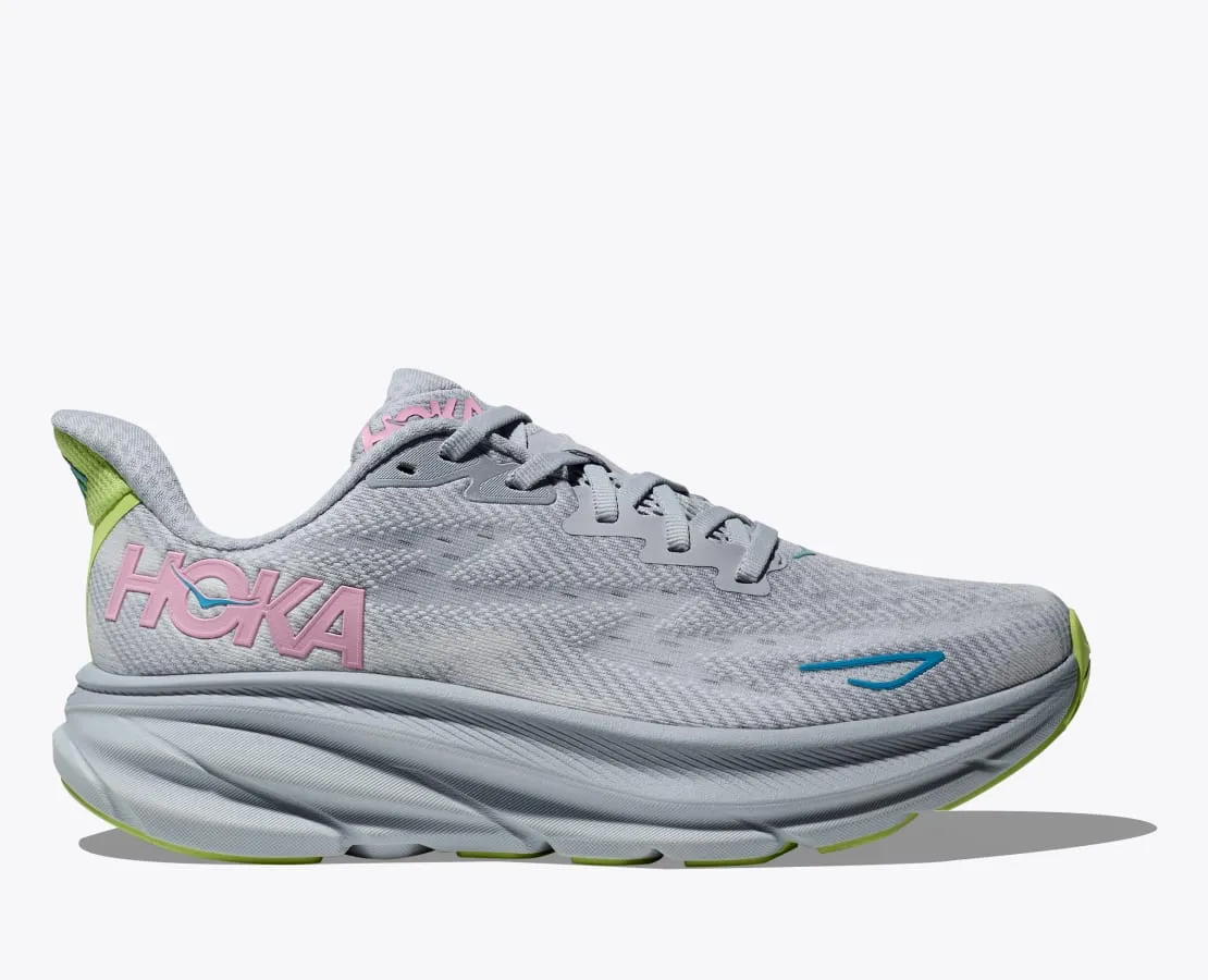 Hoka Women's Clifton 9 Running Shoe in Gull/Sea Ice, Vanilla/Astral, Black/Stellar Blue, Chalk Violet, Airy Blue, White & Black/Rose Gold Available in Wide Widths