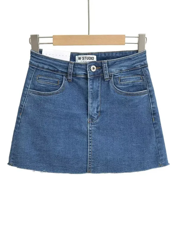 Hot girl's high-waist elastic hip-covering slim-fit anti-exposure raw edge A-line denim skirt