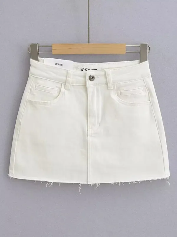 Hot girl's high-waist elastic hip-covering slim-fit anti-exposure raw edge A-line denim skirt